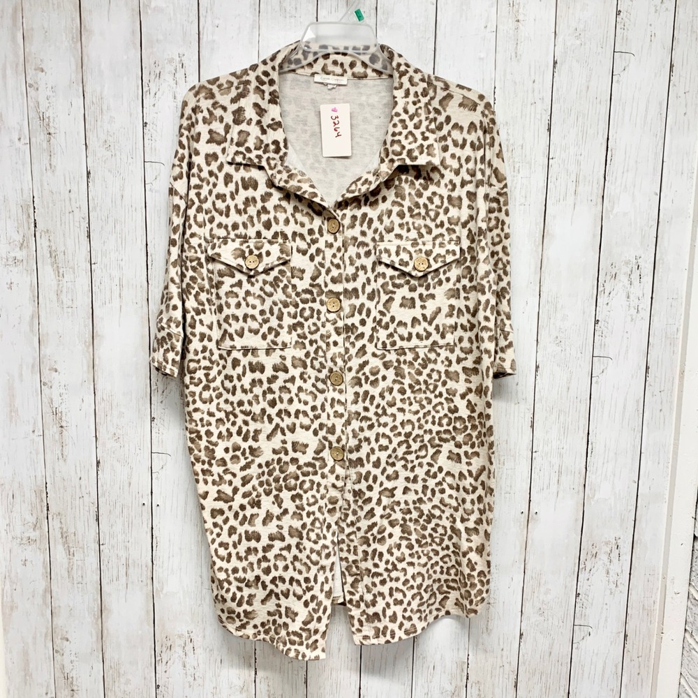 Carole Christian Leopard Print Tunic Women XL Brown Button Down French Terry‎